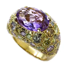 10.68ct Natural Fancy MULTICOLORED DIAMONDS & Amethyst Dome 18K Yellow Vintage RING