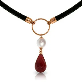 10.8 Carat 14K Solid Rose Gold Leather Necklace Pearl Ruby
