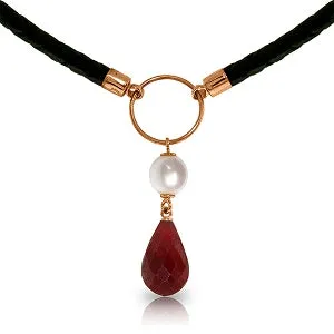10.8 Carat 14K Solid Rose Gold Leather Necklace Pearl Ruby