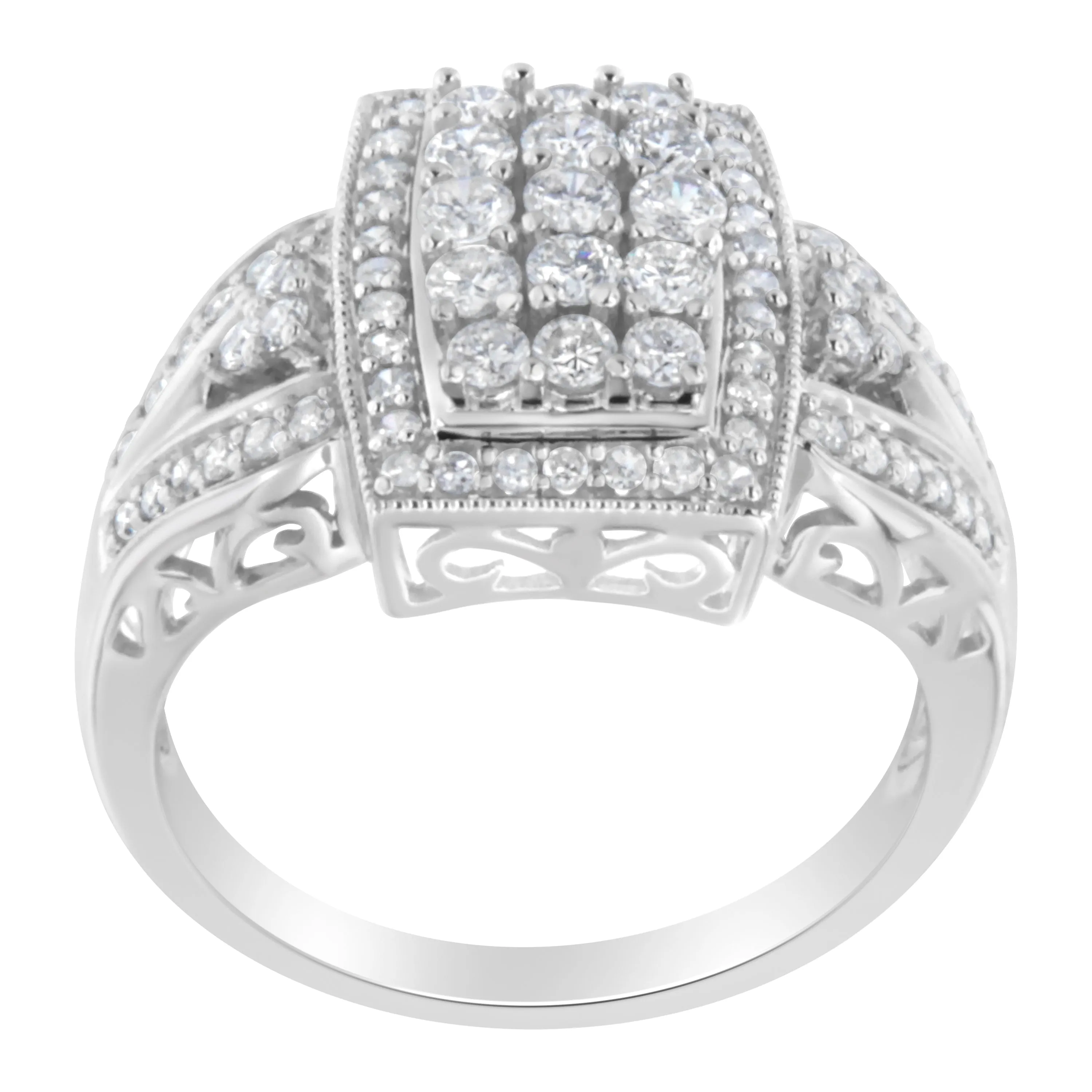 10K White Gold 1.0 Cttw Diamond Rectangular Cushion Shaped Cluster Halo Flared Band Cocktail Fashion Ring