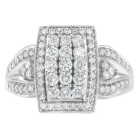 10K White Gold 1.0 Cttw Diamond Rectangular Cushion Shaped Cluster Halo Flared Band Cocktail Fashion Ring