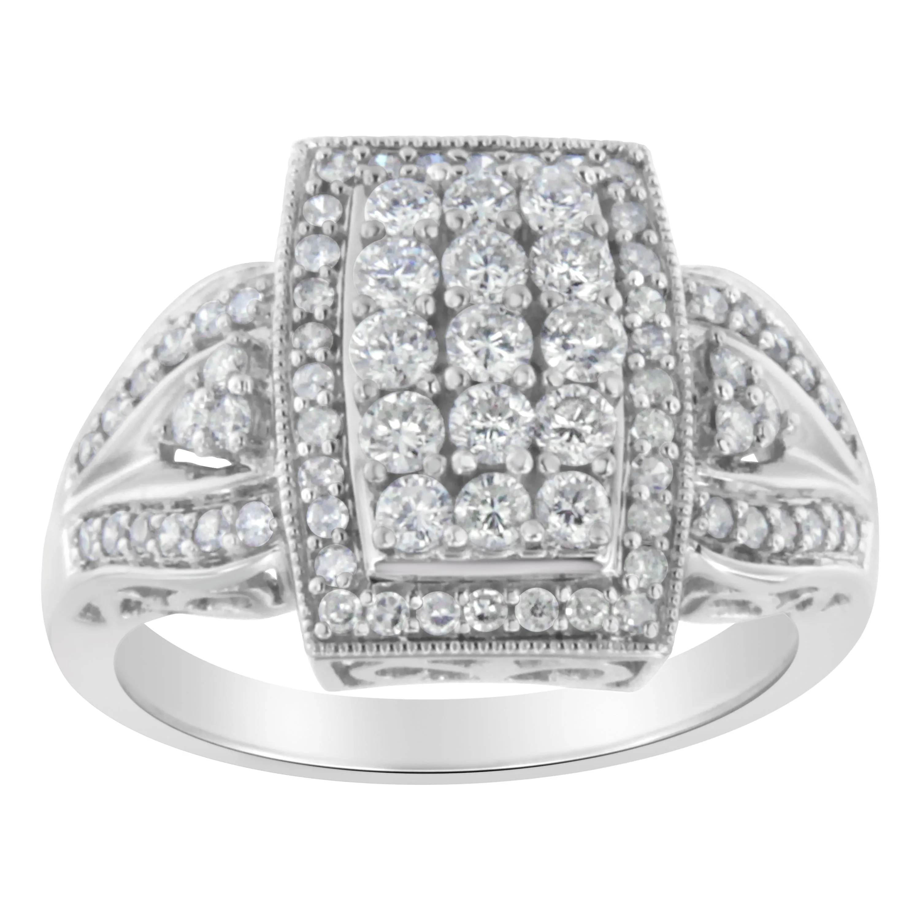10K White Gold 1.0 Cttw Diamond Rectangular Cushion Shaped Cluster Halo Flared Band Cocktail Fashion Ring