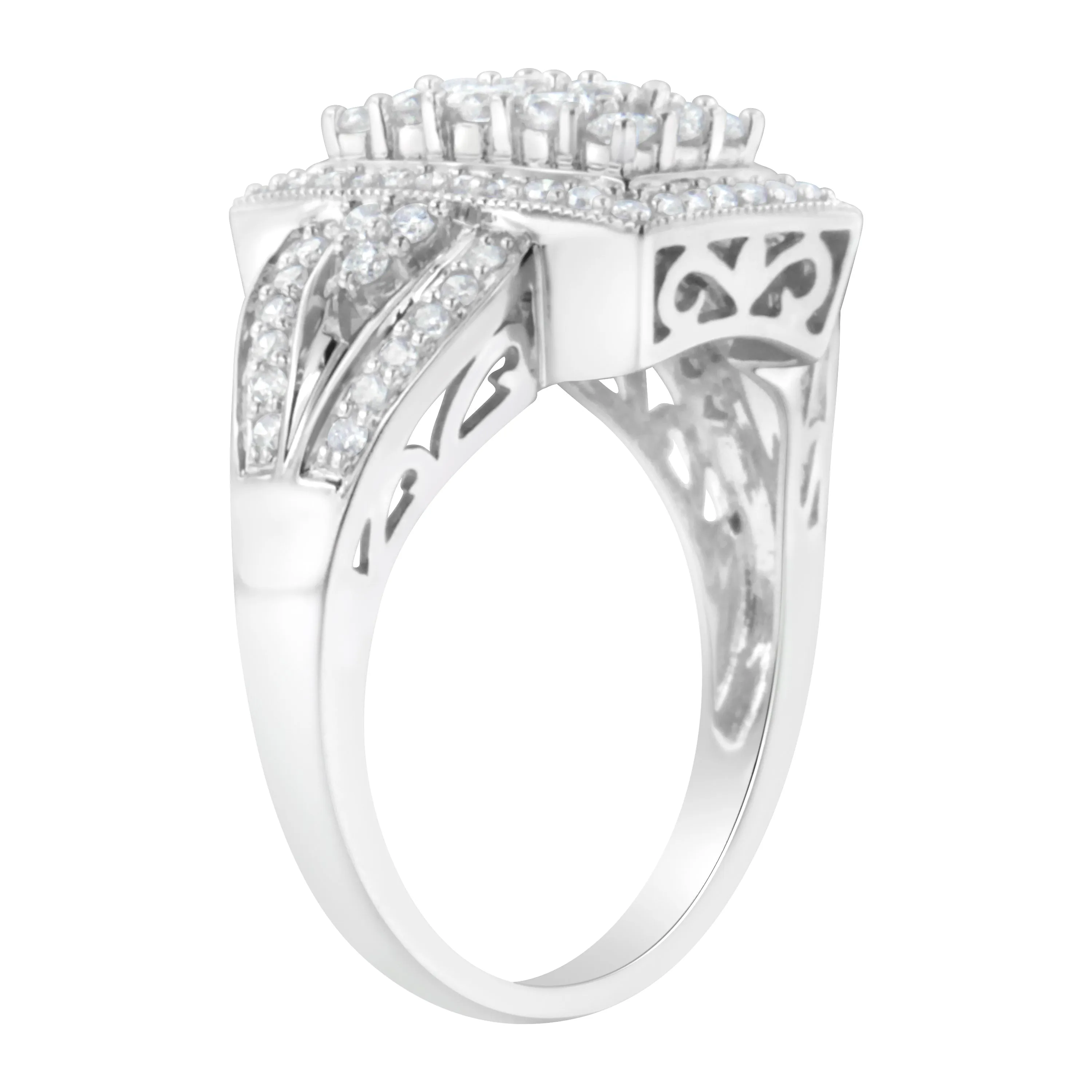 10K White Gold 1.0 Cttw Diamond Rectangular Cushion Shaped Cluster Halo Flared Band Cocktail Fashion Ring