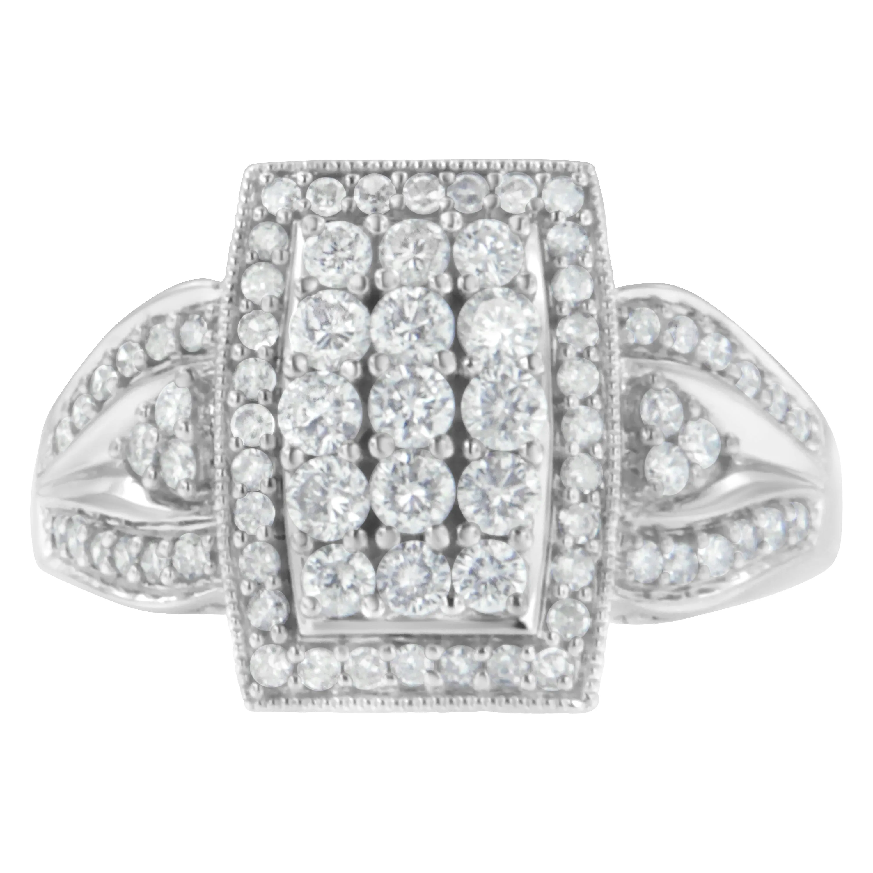 10K White Gold 1.0 Cttw Diamond Rectangular Cushion Shaped Cluster Halo Flared Band Cocktail Fashion Ring