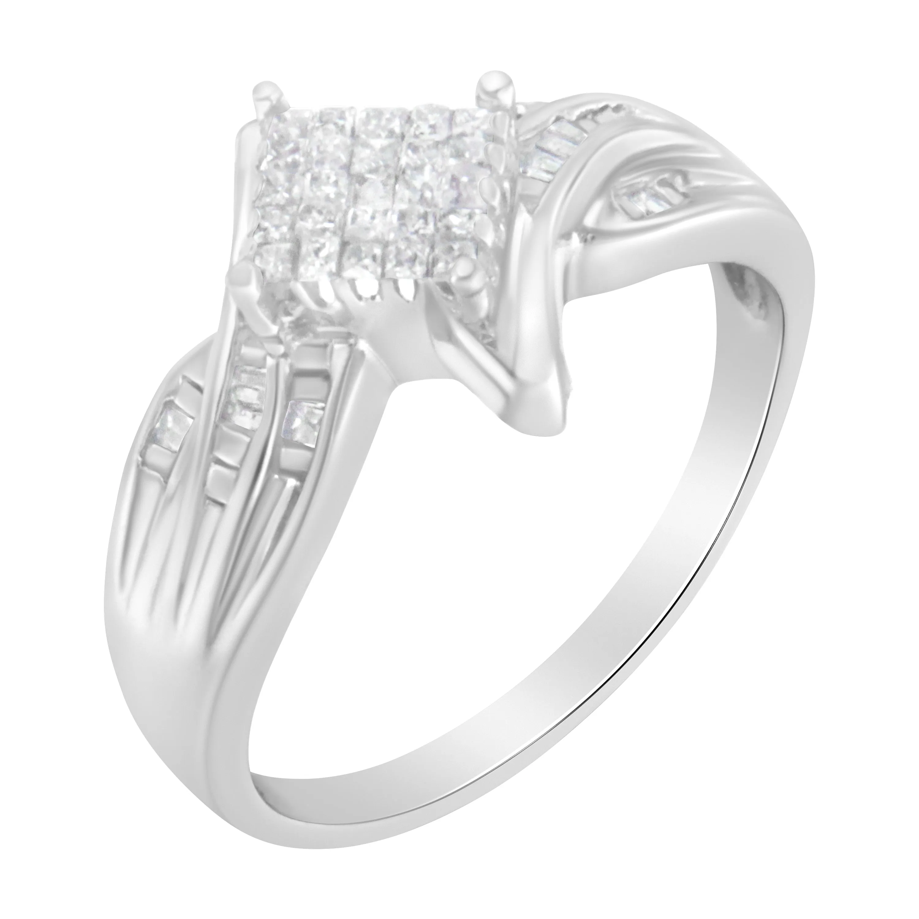10K White Gold 1/3 Cttw Princess and Baguette Cut Diamond Bypass Style Cocktail Ring