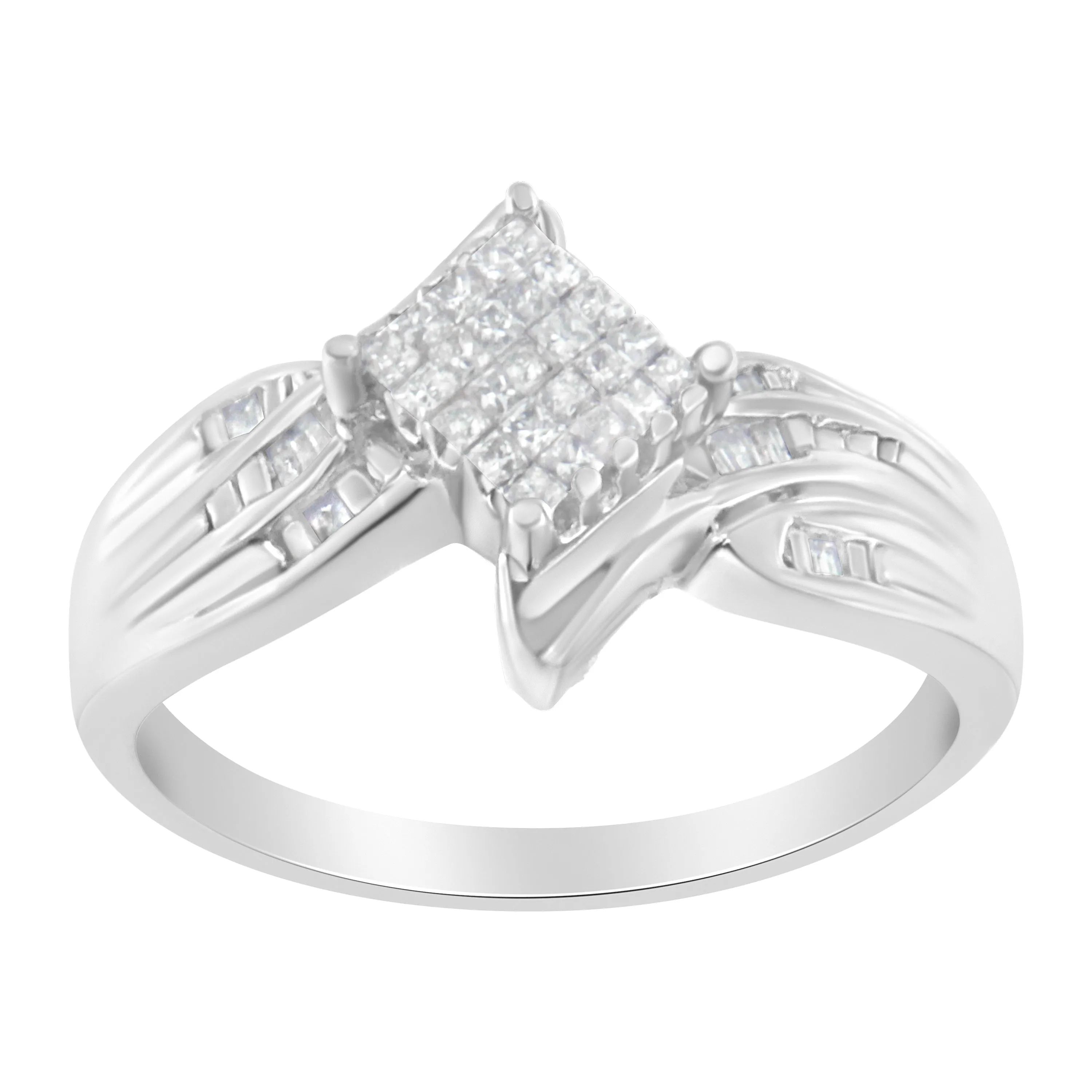 10K White Gold 1/3 Cttw Princess and Baguette Cut Diamond Bypass Style Cocktail Ring
