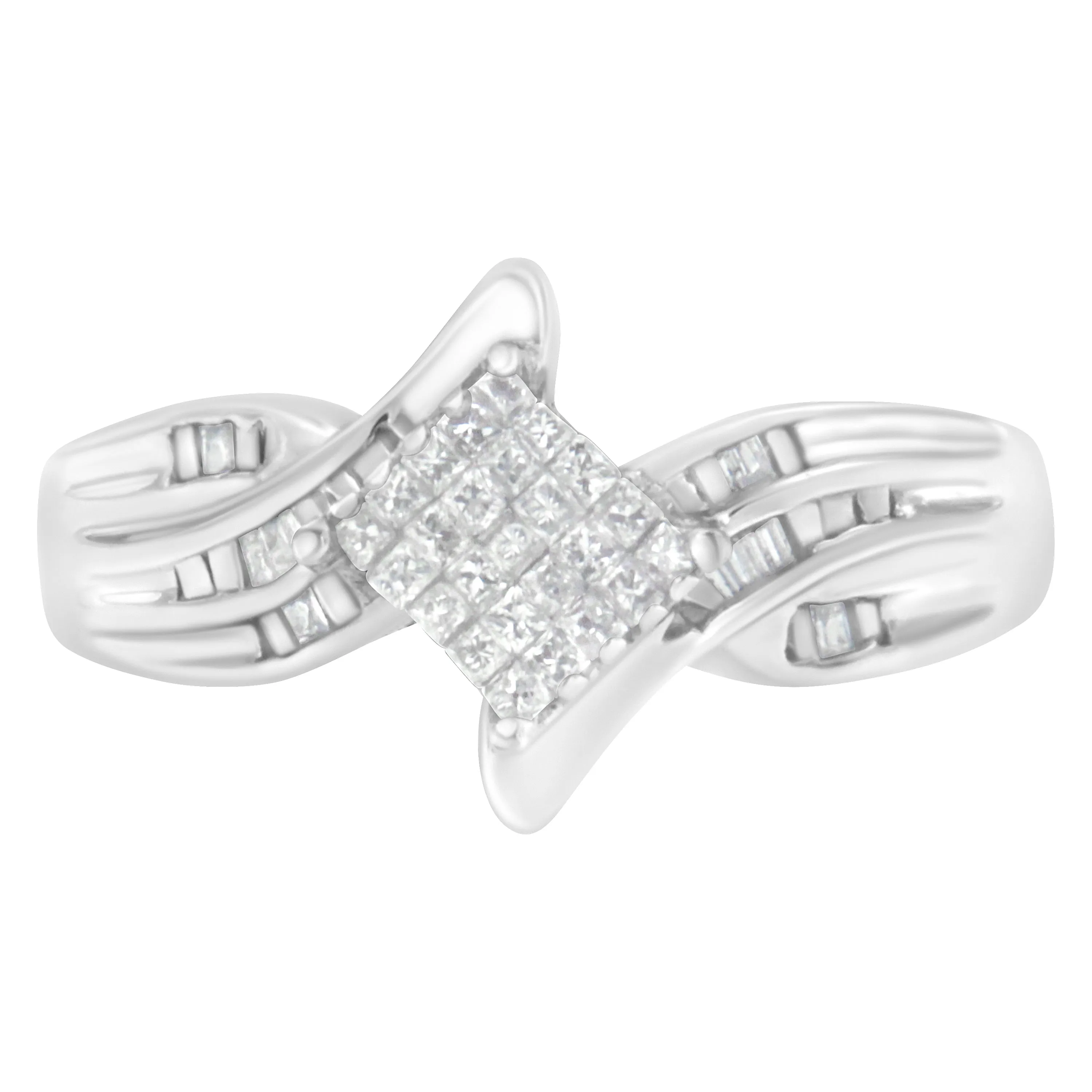 10K White Gold 1/3 Cttw Princess and Baguette Cut Diamond Bypass Style Cocktail Ring