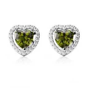 10k White Gold Plated 1/2 Ct Created Halo Heart Peridot Stud Earrings