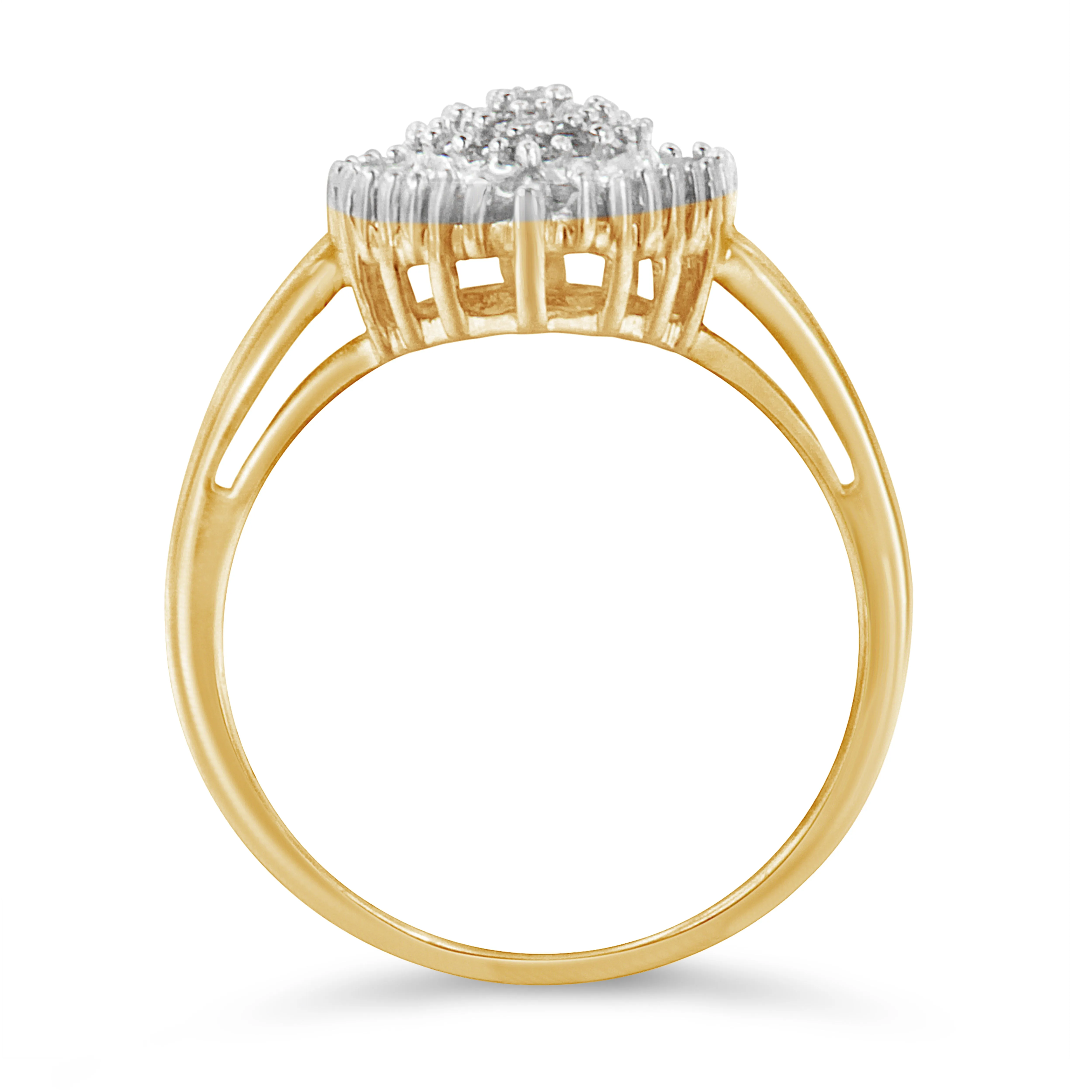 10K Yellow Gold 1/2 Cttw Round & Baguette Cut Diamond Pear Shaped Domed Pavé Cluster with Halo Cocktail Ring