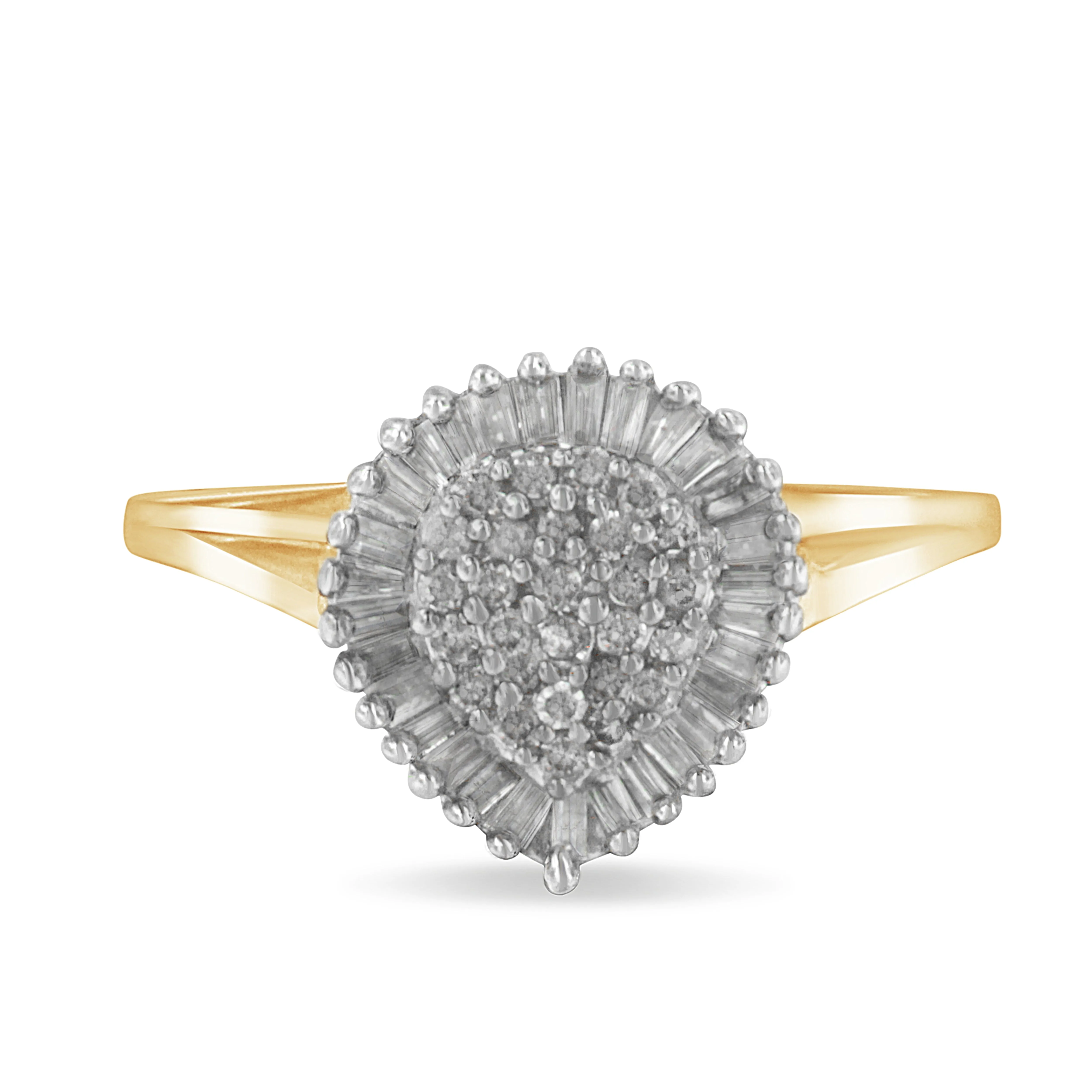 10K Yellow Gold 1/2 Cttw Round & Baguette Cut Diamond Pear Shaped Domed Pavé Cluster with Halo Cocktail Ring