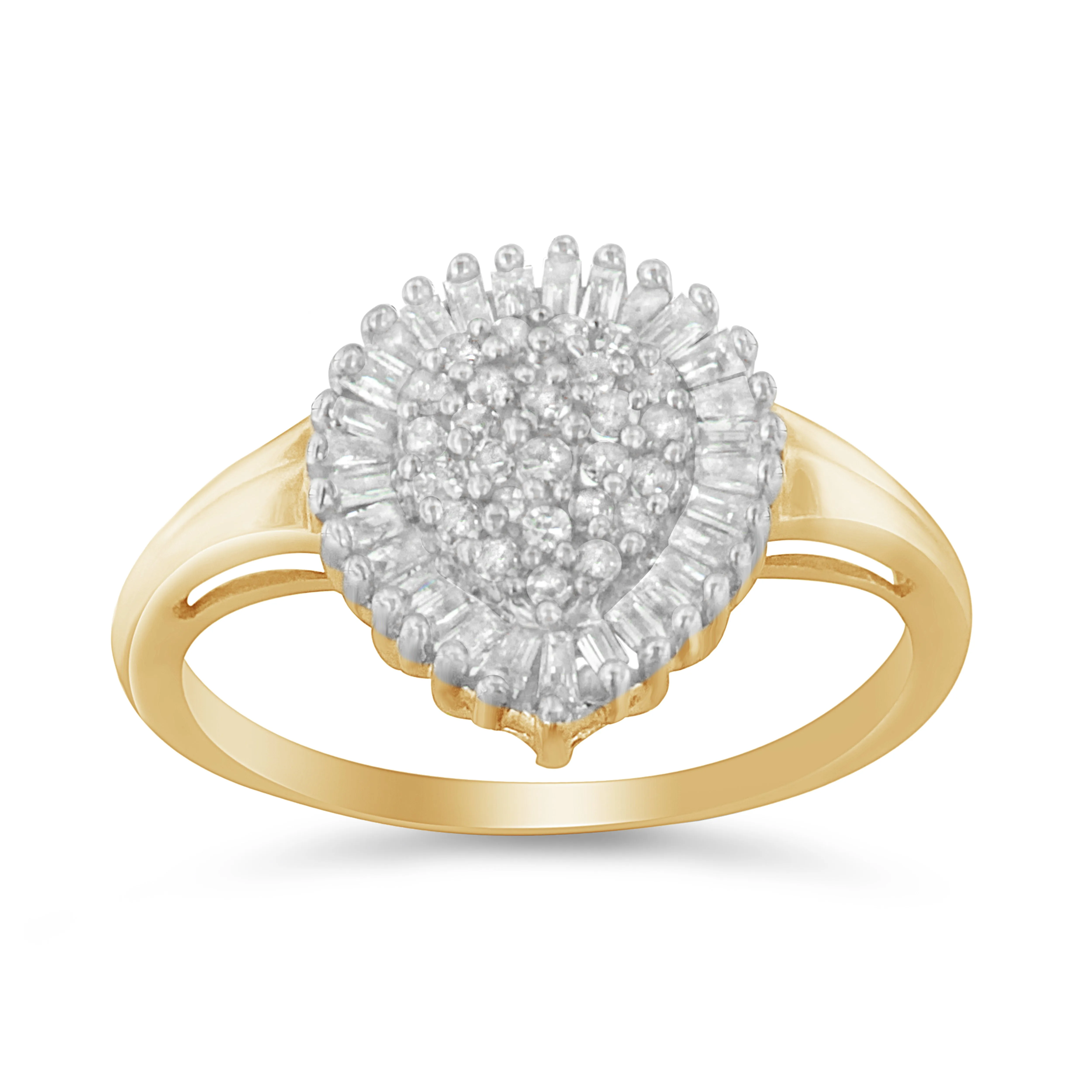 10K Yellow Gold 1/2 Cttw Round & Baguette Cut Diamond Pear Shaped Domed Pavé Cluster with Halo Cocktail Ring
