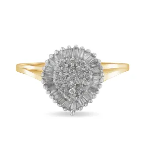 10K Yellow Gold 1/2 Cttw Round & Baguette Cut Diamond Pear Shaped Domed Pavé Cluster with Halo Cocktail Ring
