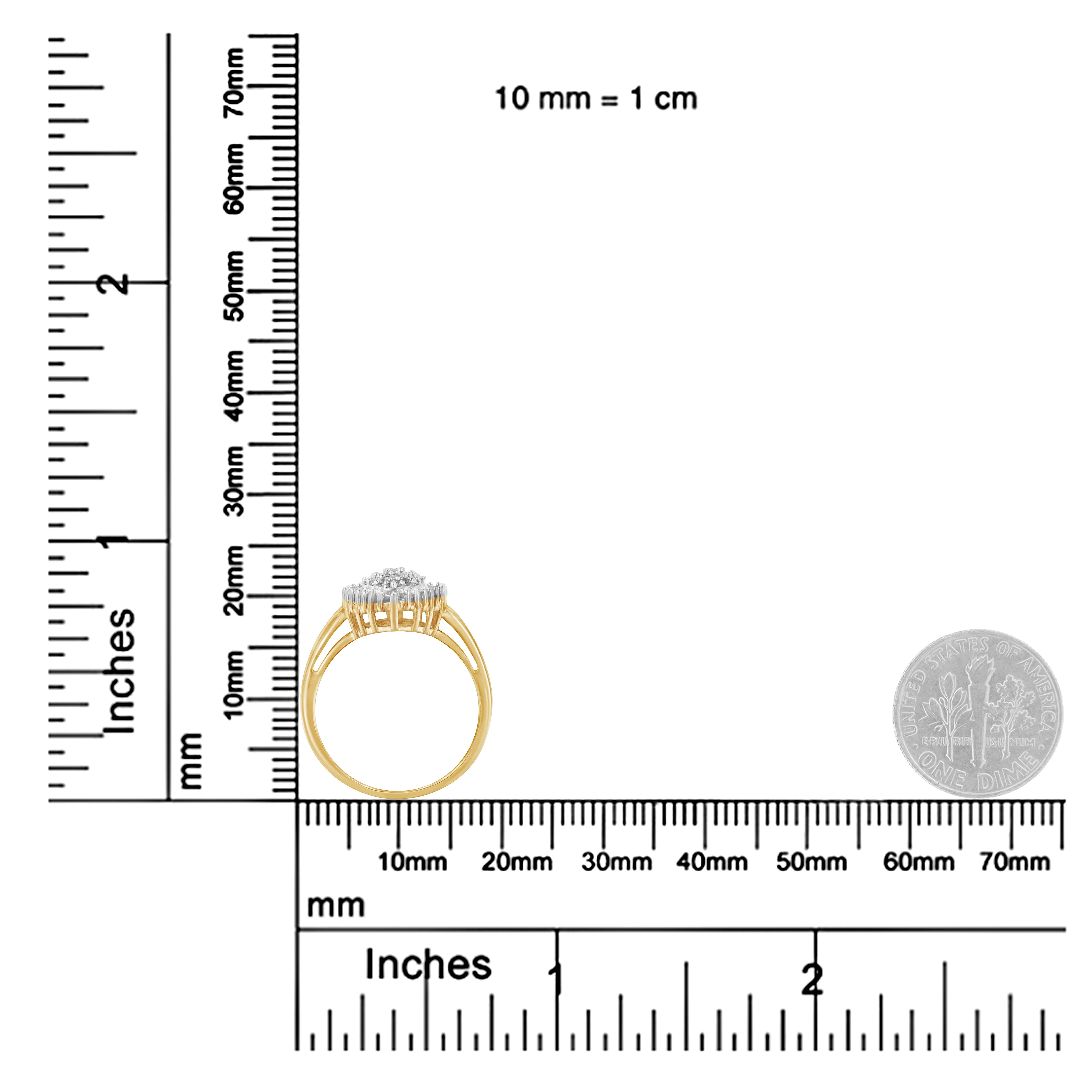 10K Yellow Gold 1/2 Cttw Round & Baguette Cut Diamond Pear Shaped Domed Pavé Cluster with Halo Cocktail Ring