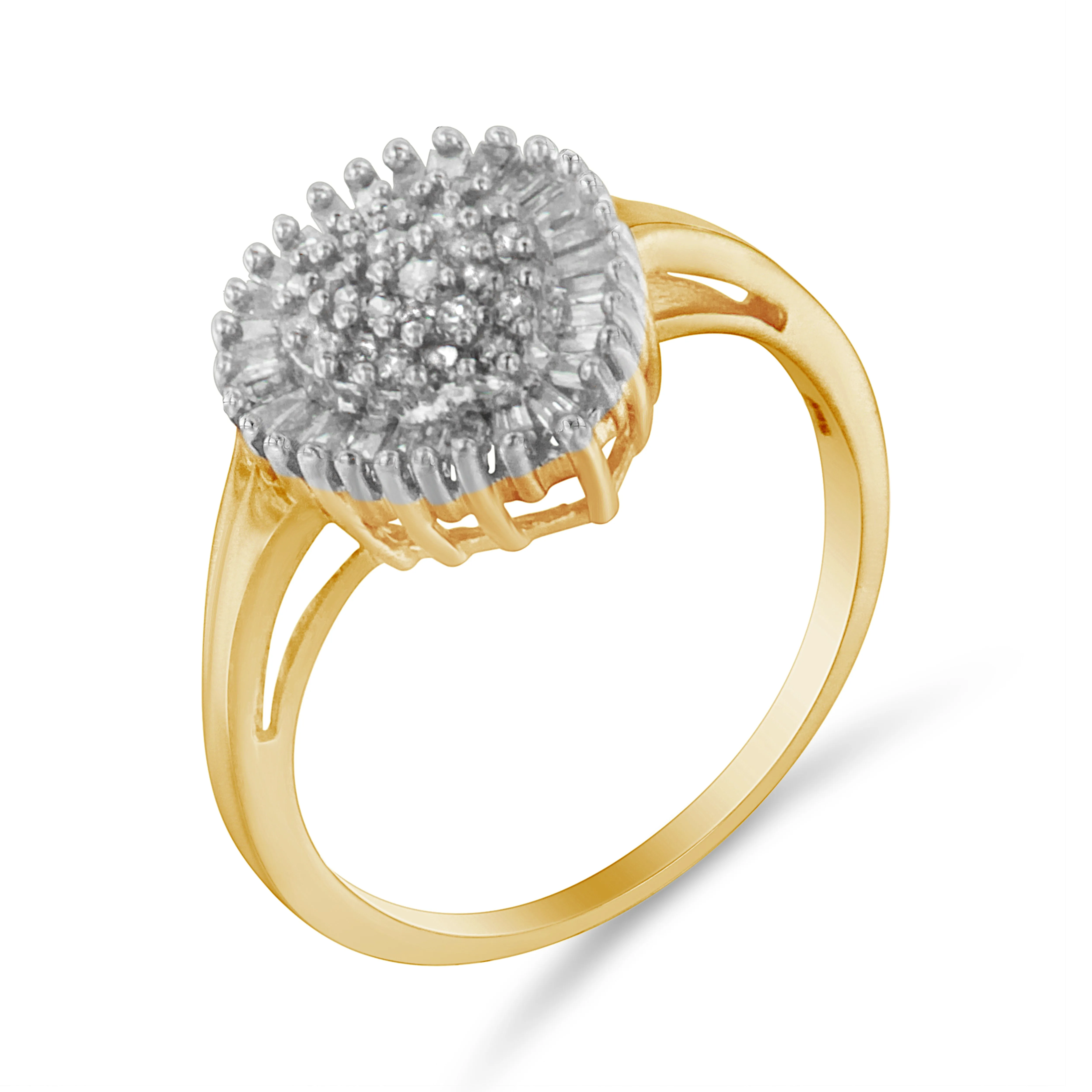 10K Yellow Gold 1/2 Cttw Round & Baguette Cut Diamond Pear Shaped Domed Pavé Cluster with Halo Cocktail Ring