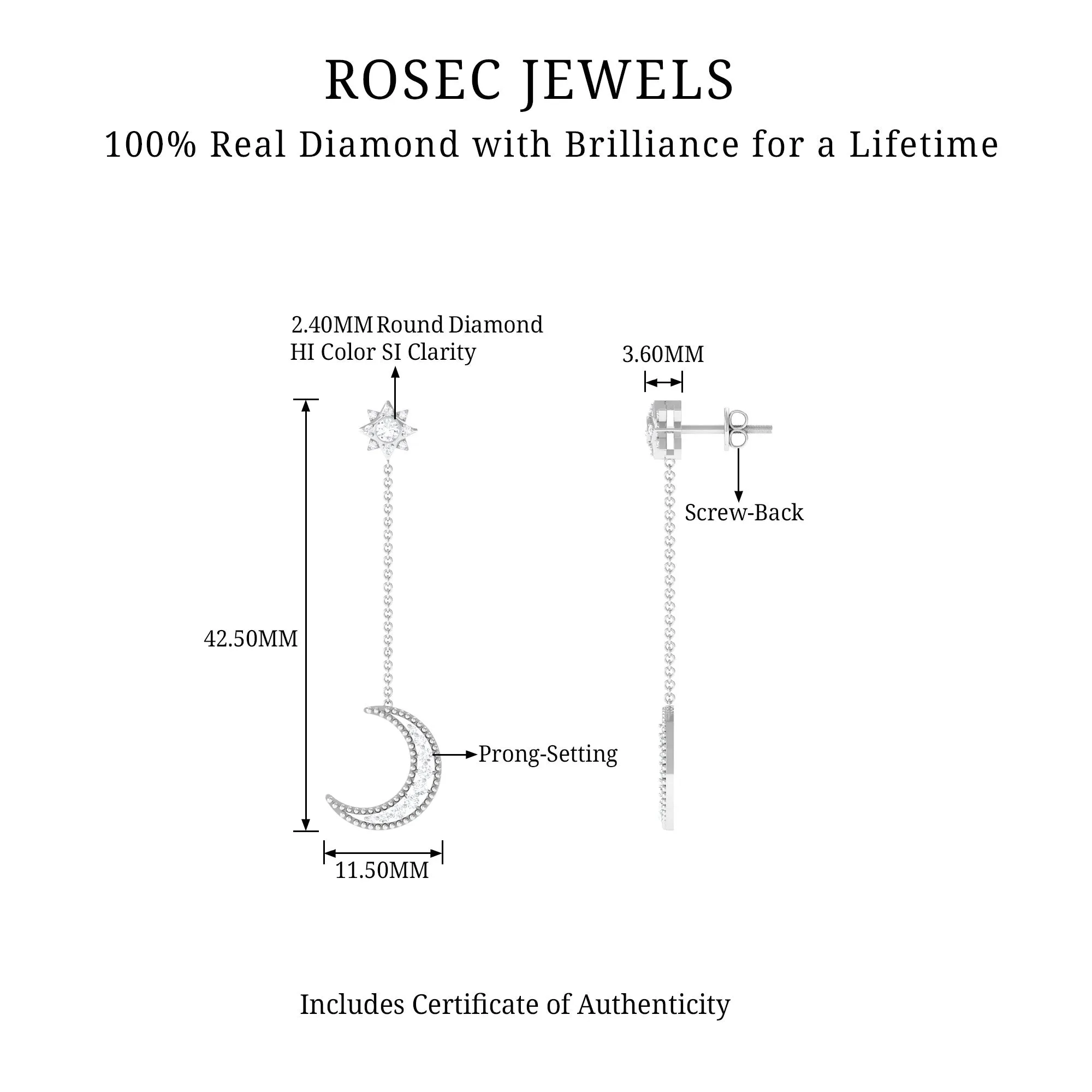 1/2 CT Diamond Star and Moon Drop Chain Earrings