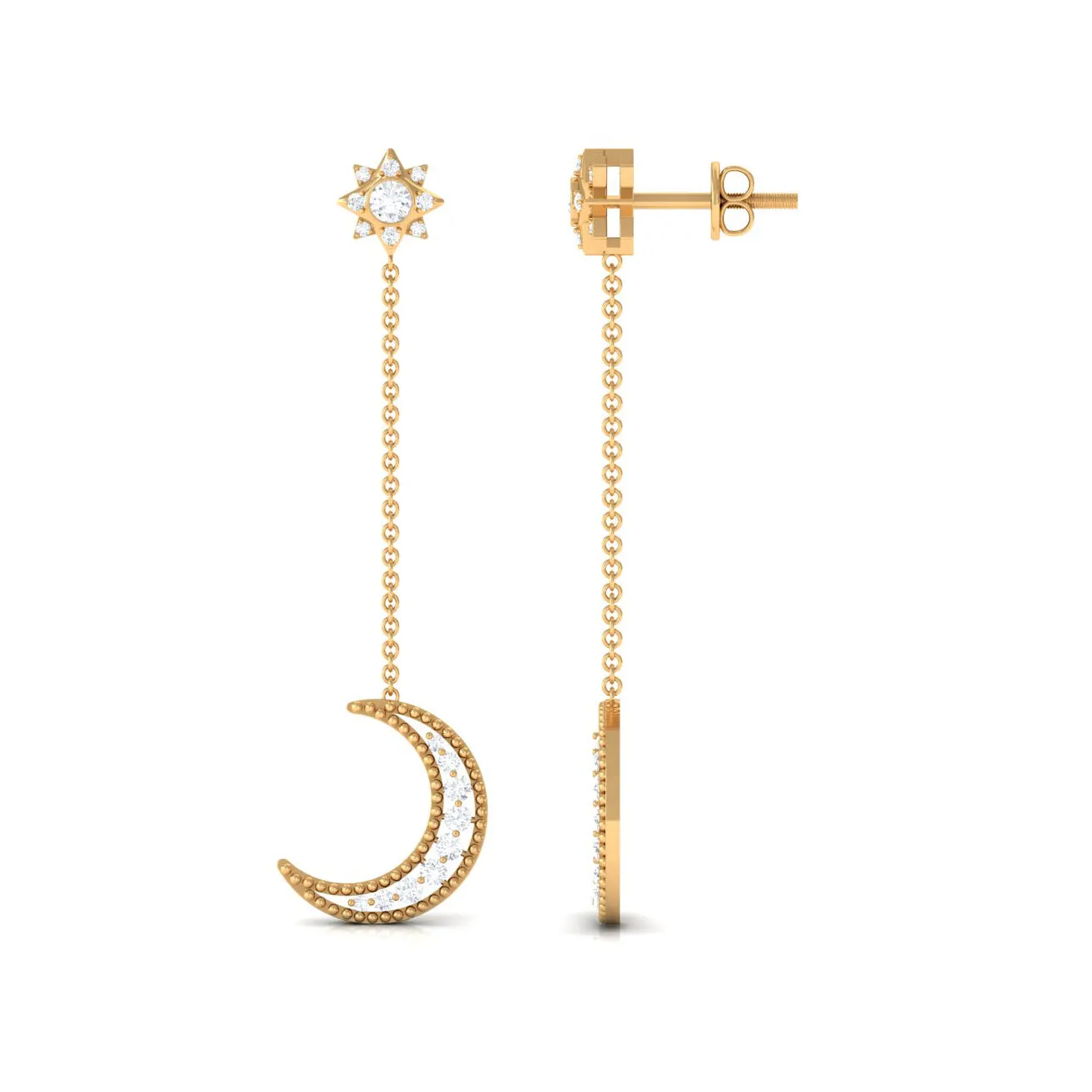1/2 CT Diamond Star and Moon Drop Chain Earrings