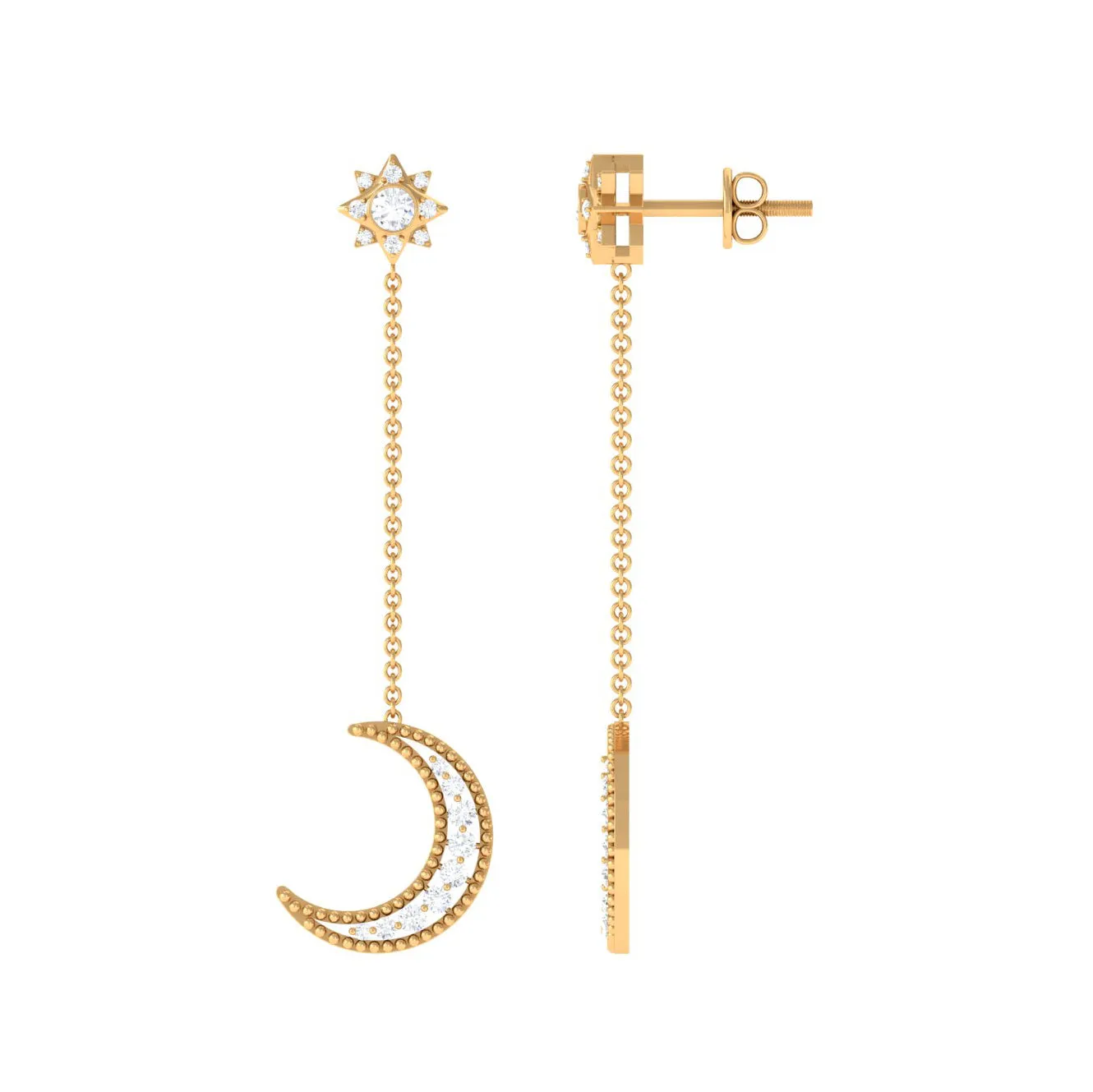 1/2 CT Diamond Star and Moon Drop Chain Earrings
