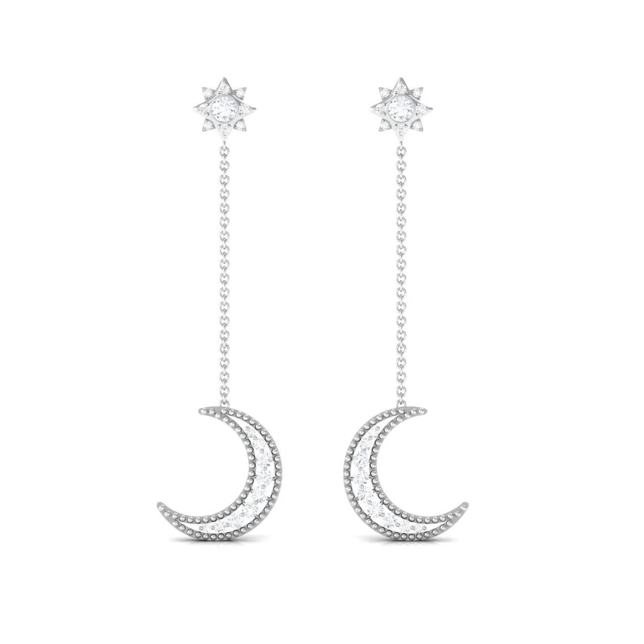 1/2 CT Diamond Star and Moon Drop Chain Earrings