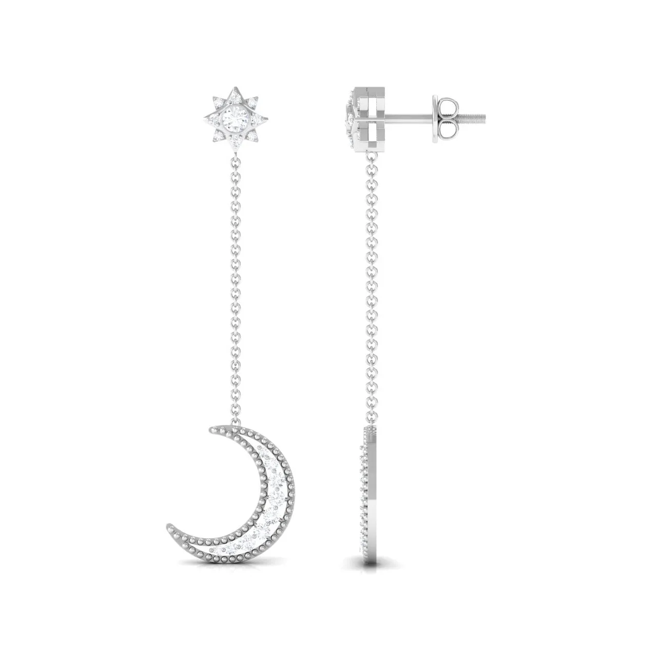 1/2 CT Diamond Star and Moon Drop Chain Earrings