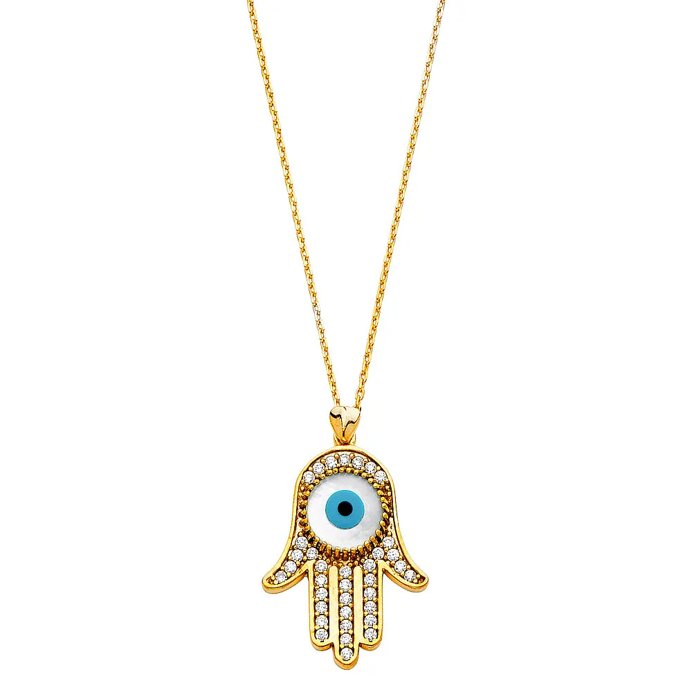 14K CZ EVIL EYE HAMSA NECKLACE