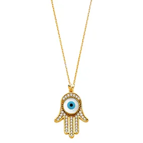 14K CZ EVIL EYE HAMSA NECKLACE