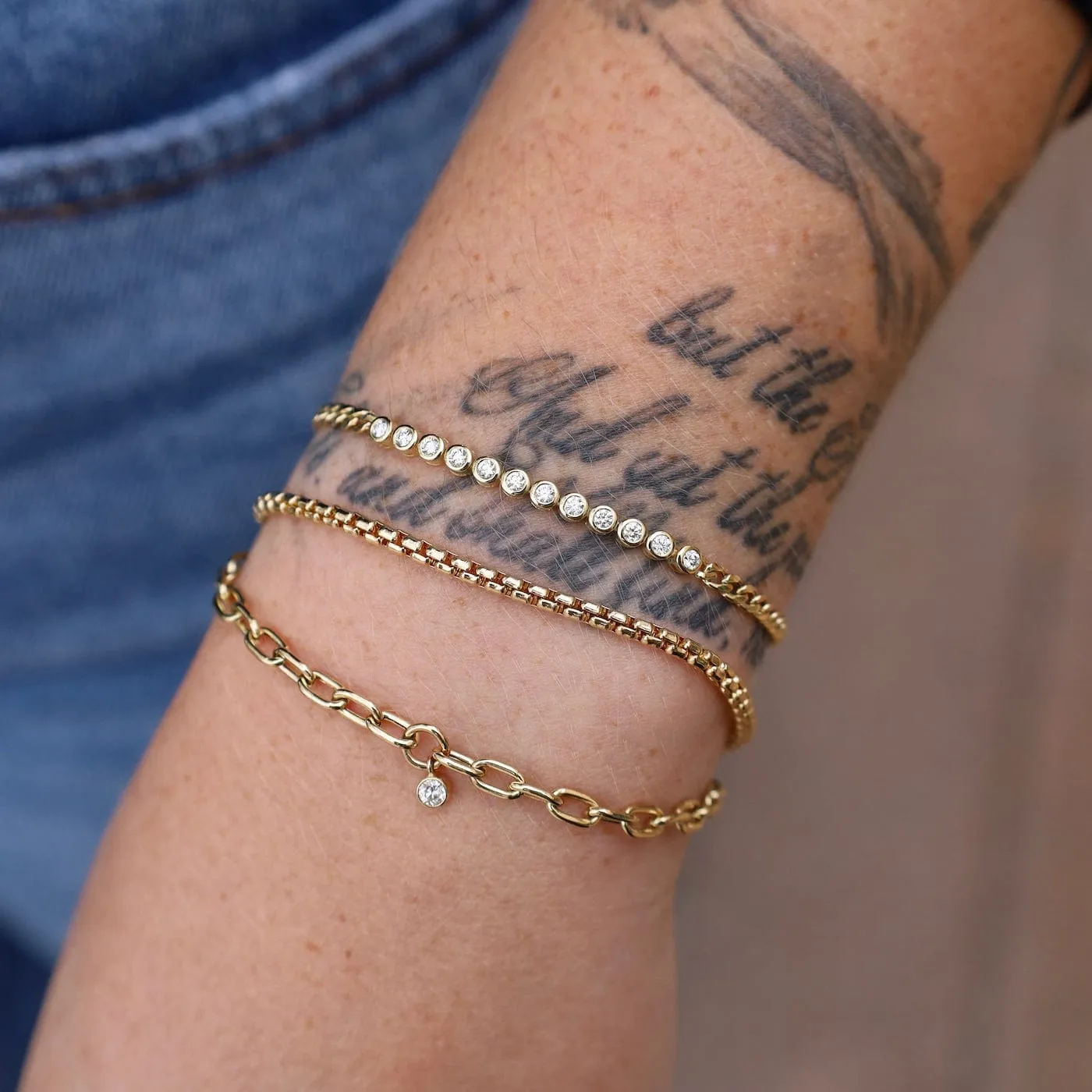 14K Meduim Square Oval Link Dangling Diamond Bezel Bracelet