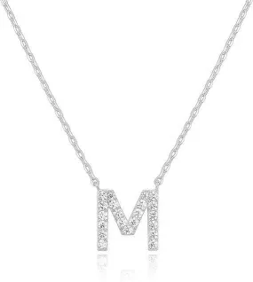14k White Gold Created Diamond Initial M Letter Pendant Necklace Plated