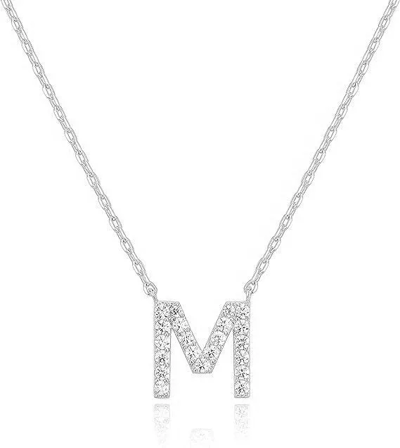 14k White Gold Created Diamond Initial M Letter Pendant Necklace Plated