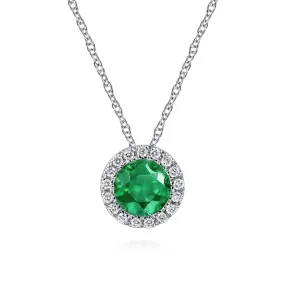 14K White Gold Emerald and Diamond Halo Pendant Necklace - NK2824W45EA
