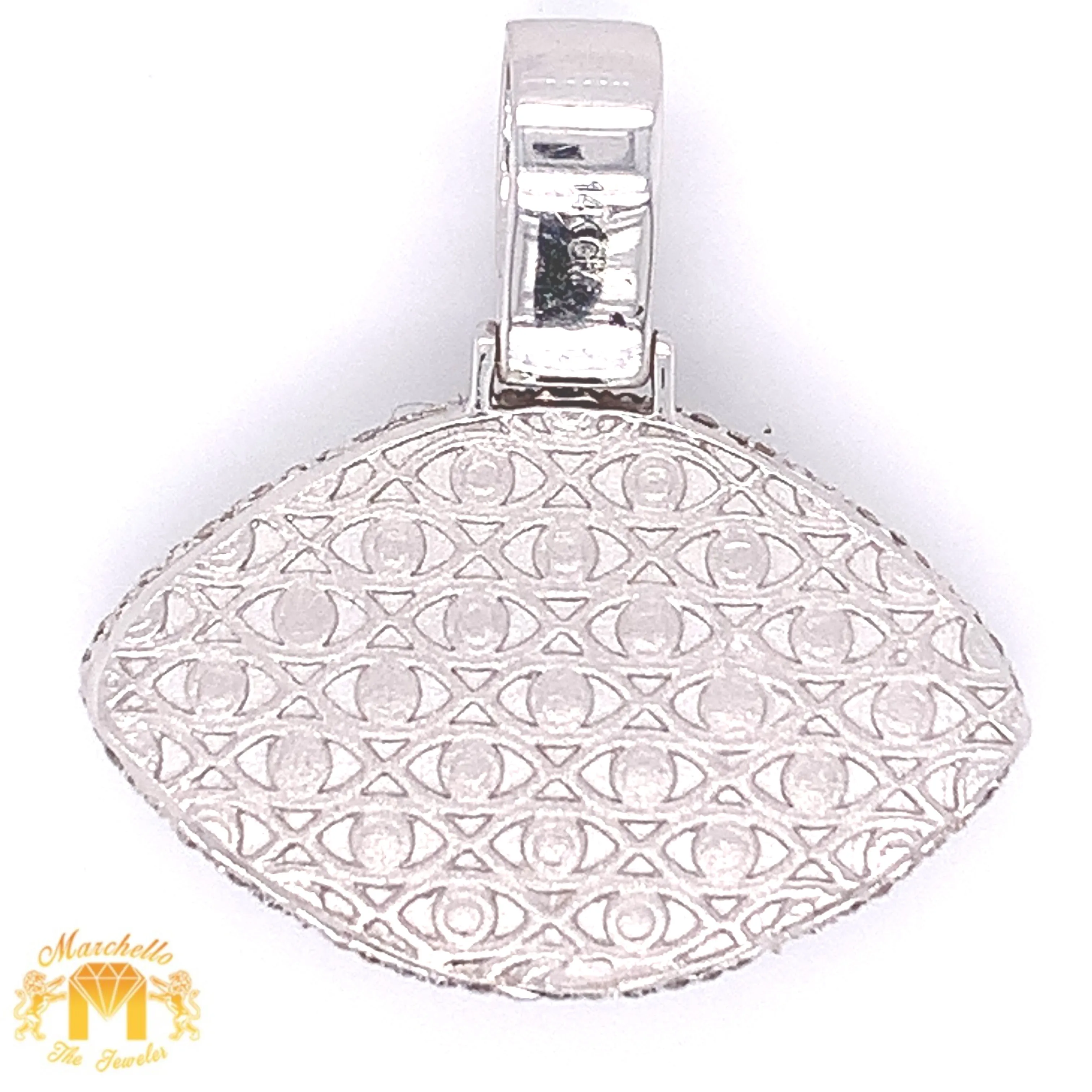 14k White Gold Large Evil Eye Pendant with Emerald-Cut and Round Diamonds & White Gold Cuban Link Chain Set