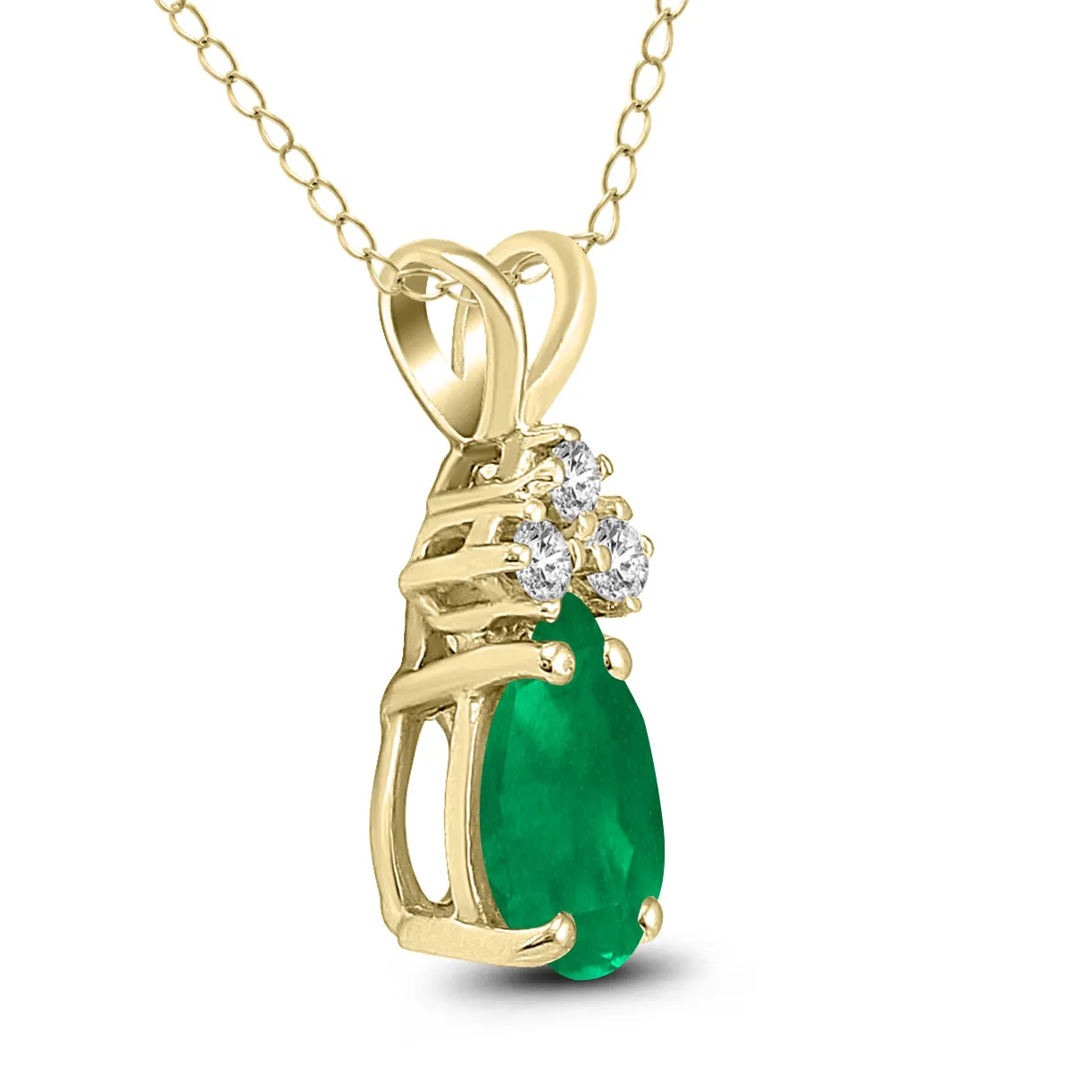 14K Yellow Gold 6X4Mm Pear Emerald And Three Stone Diamond Pendant