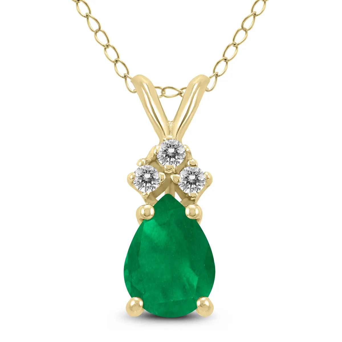 14K Yellow Gold 6X4Mm Pear Emerald And Three Stone Diamond Pendant