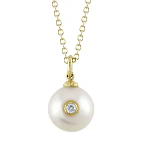 14K Yellow Gold Cultured Pearl with Inserted Bezel Set Diamond Pendant Necklace