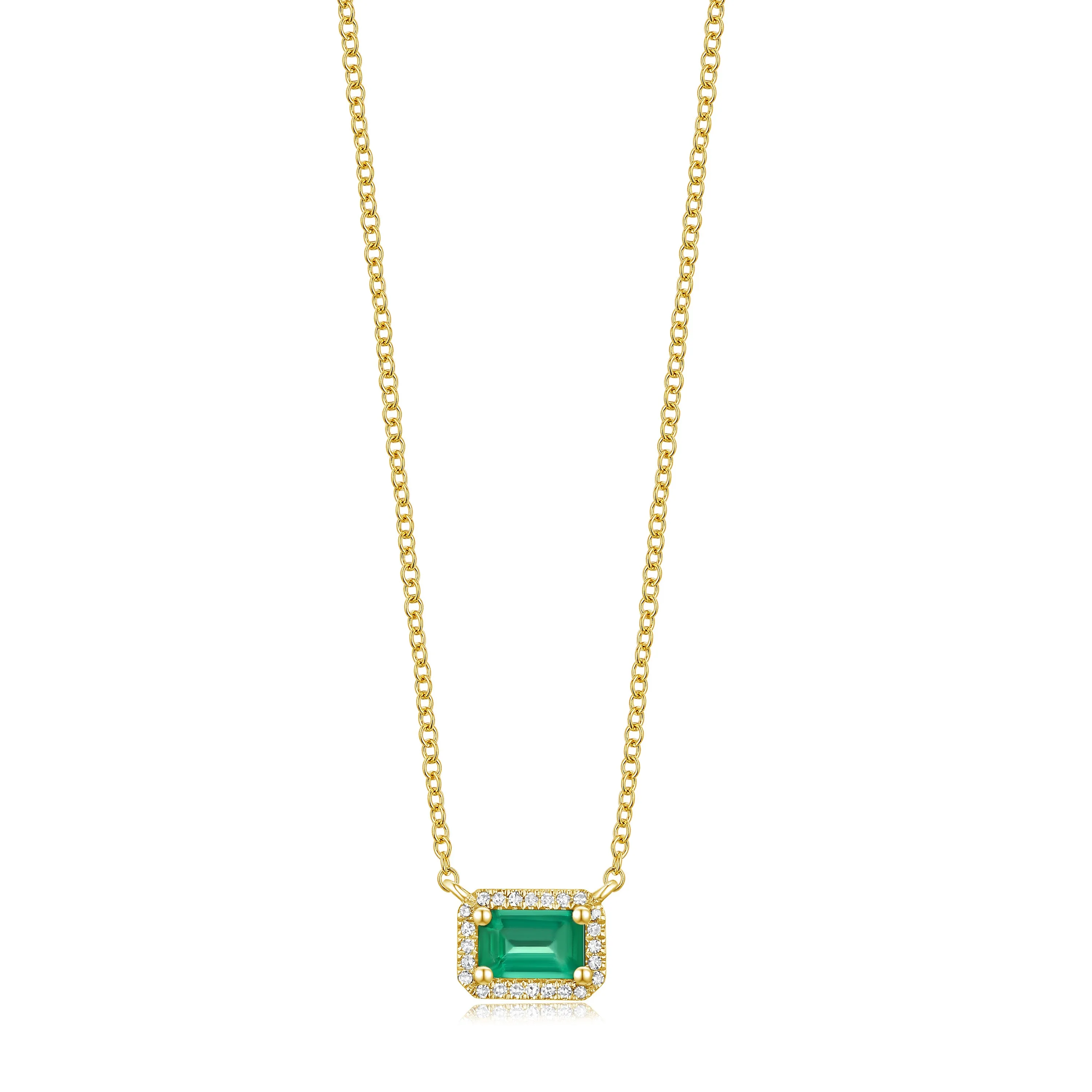 14K Yellow Gold Diamond  Halo   Emerald Necklace