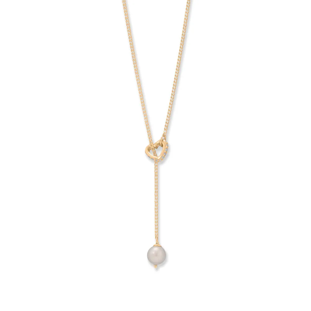 16"   2" 14 Karat Gold Plated Cultured Freshwater Pearl and CZ Heart Lariat Necklace