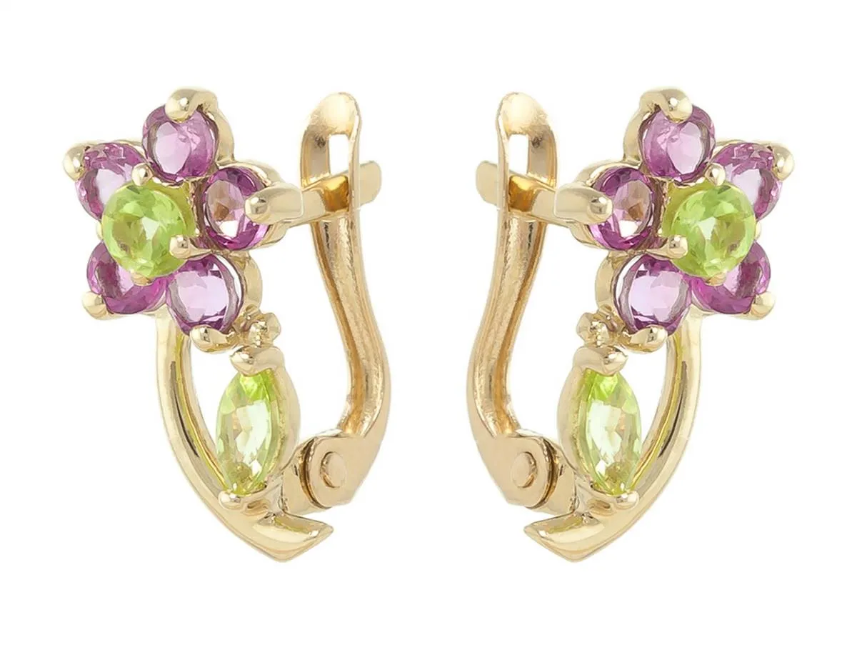 1.72 Carat 14K Solid Yellow Gold Flora Amethyst Peridot Clip Earrings
