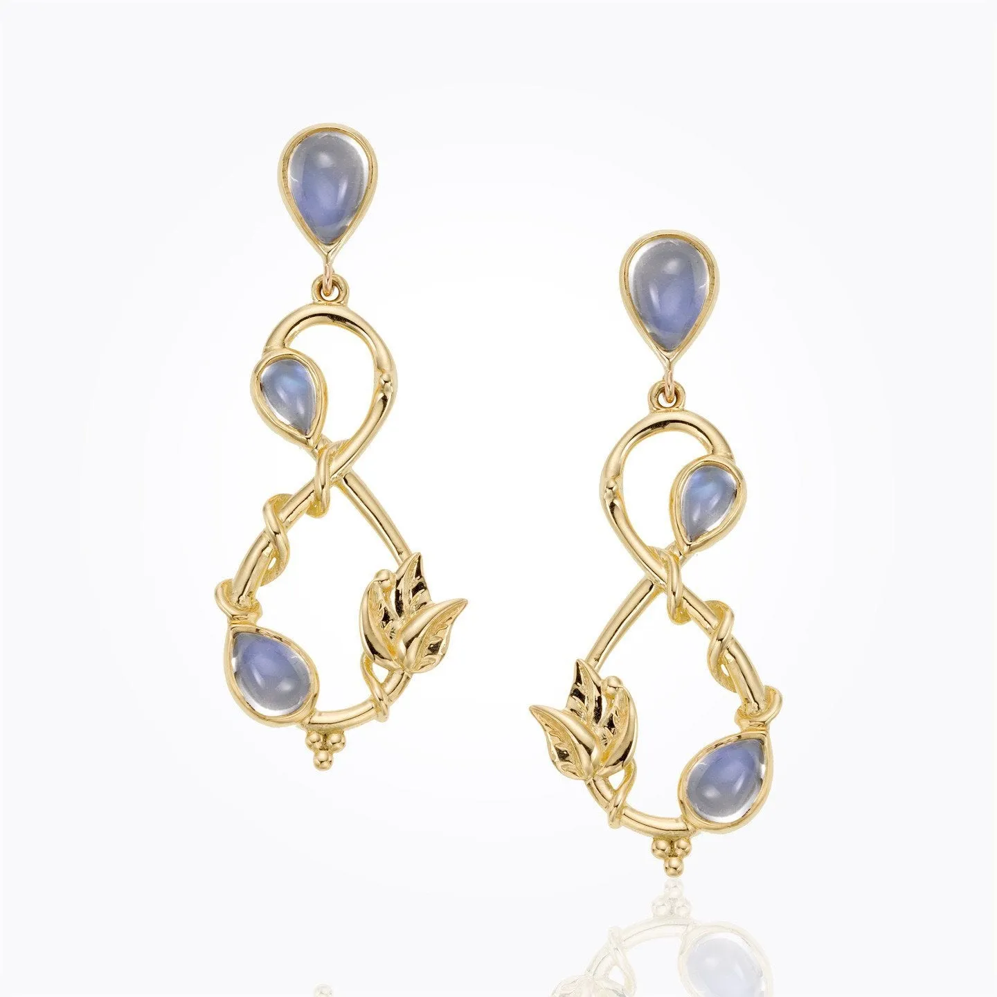 18K Double Leaf Earrings with royal blue moonstone