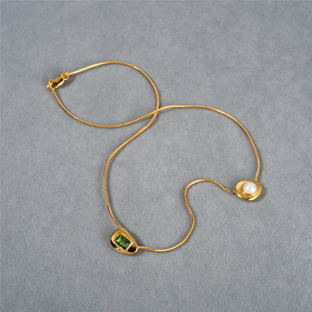 18K Gold Zircon Pearl Necklace