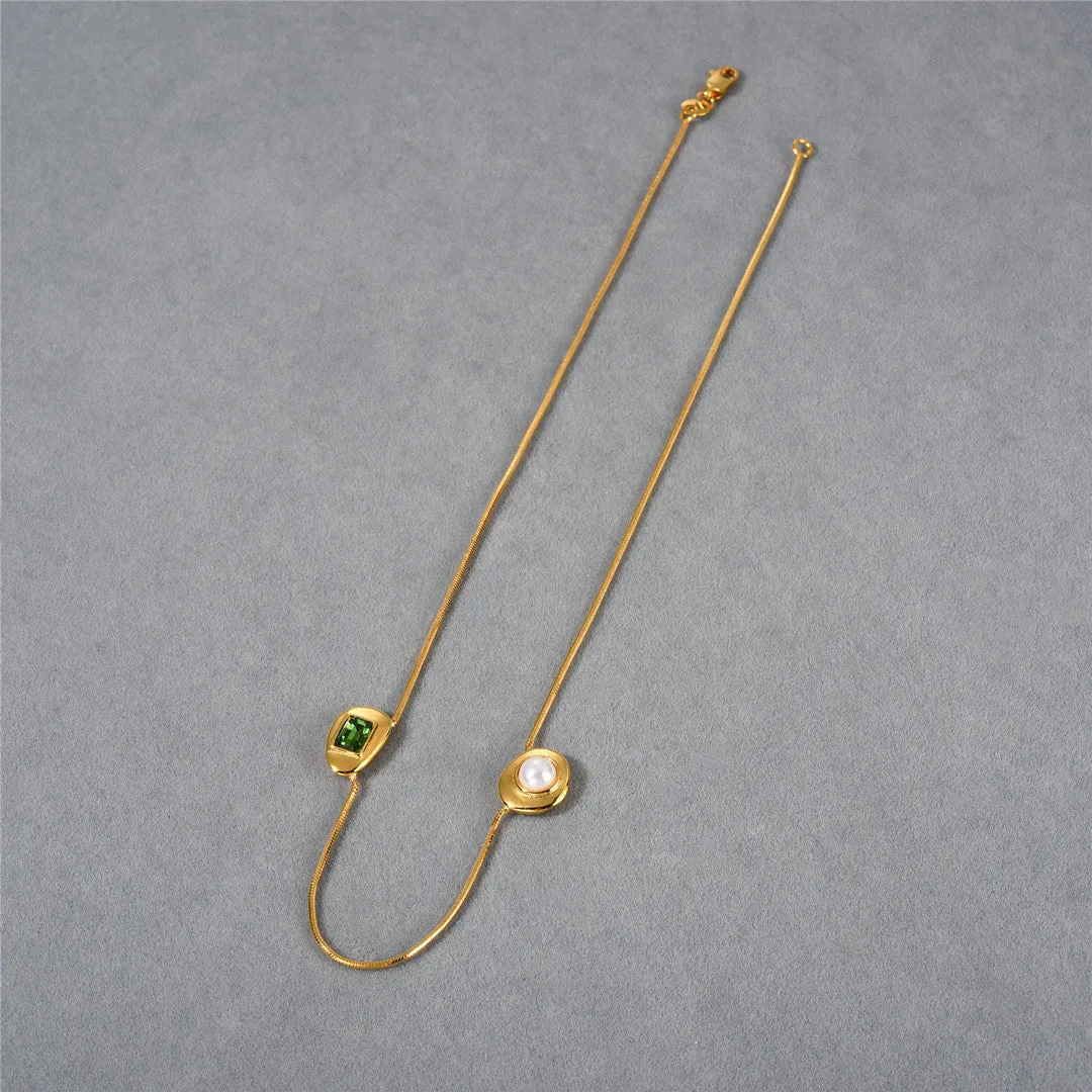 18K Gold Zircon Pearl Necklace