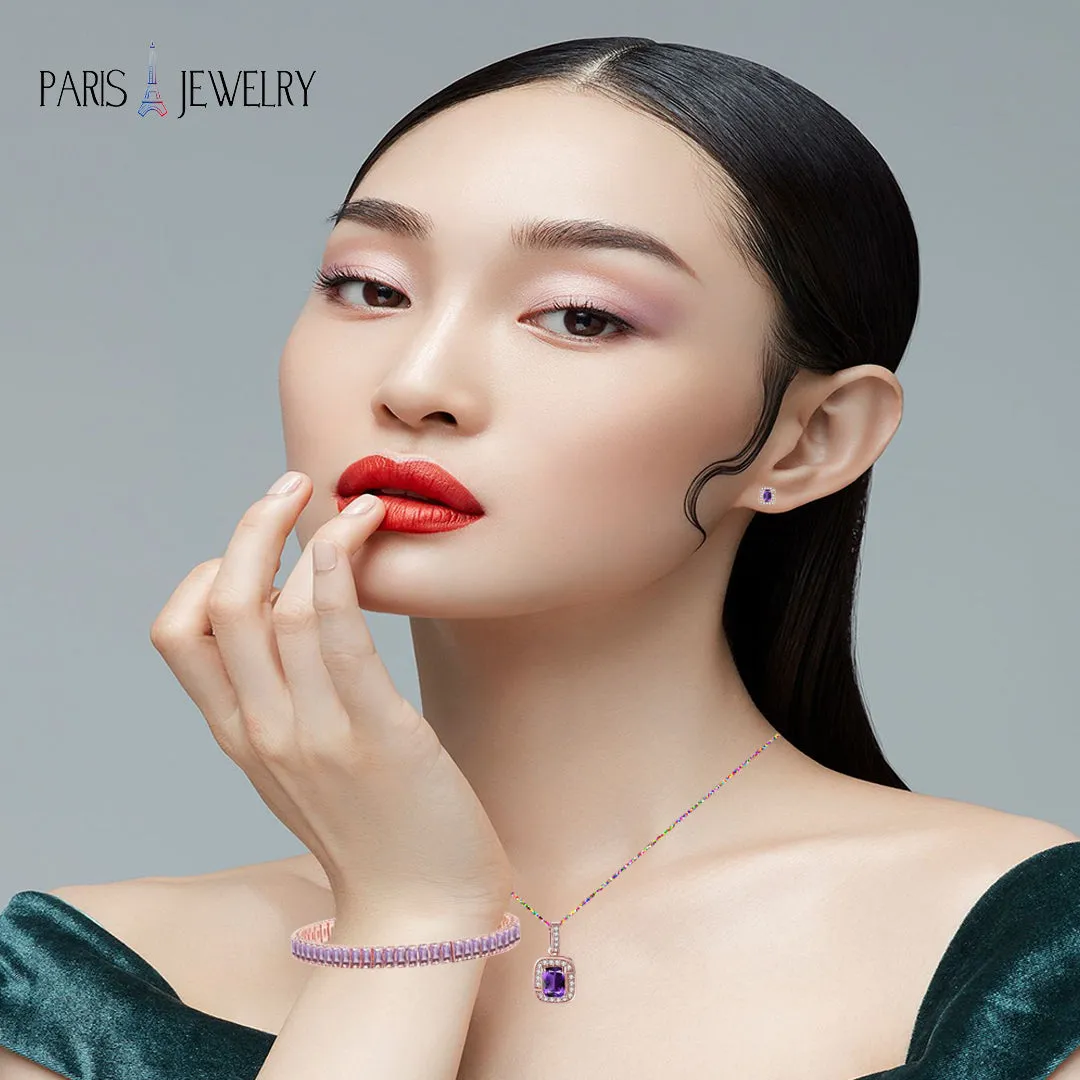 18K Rose Gold Created Amethyst Princess Halo Pendant Necklace, Earrings and Tennis Bracelet Jewelry Set Plated