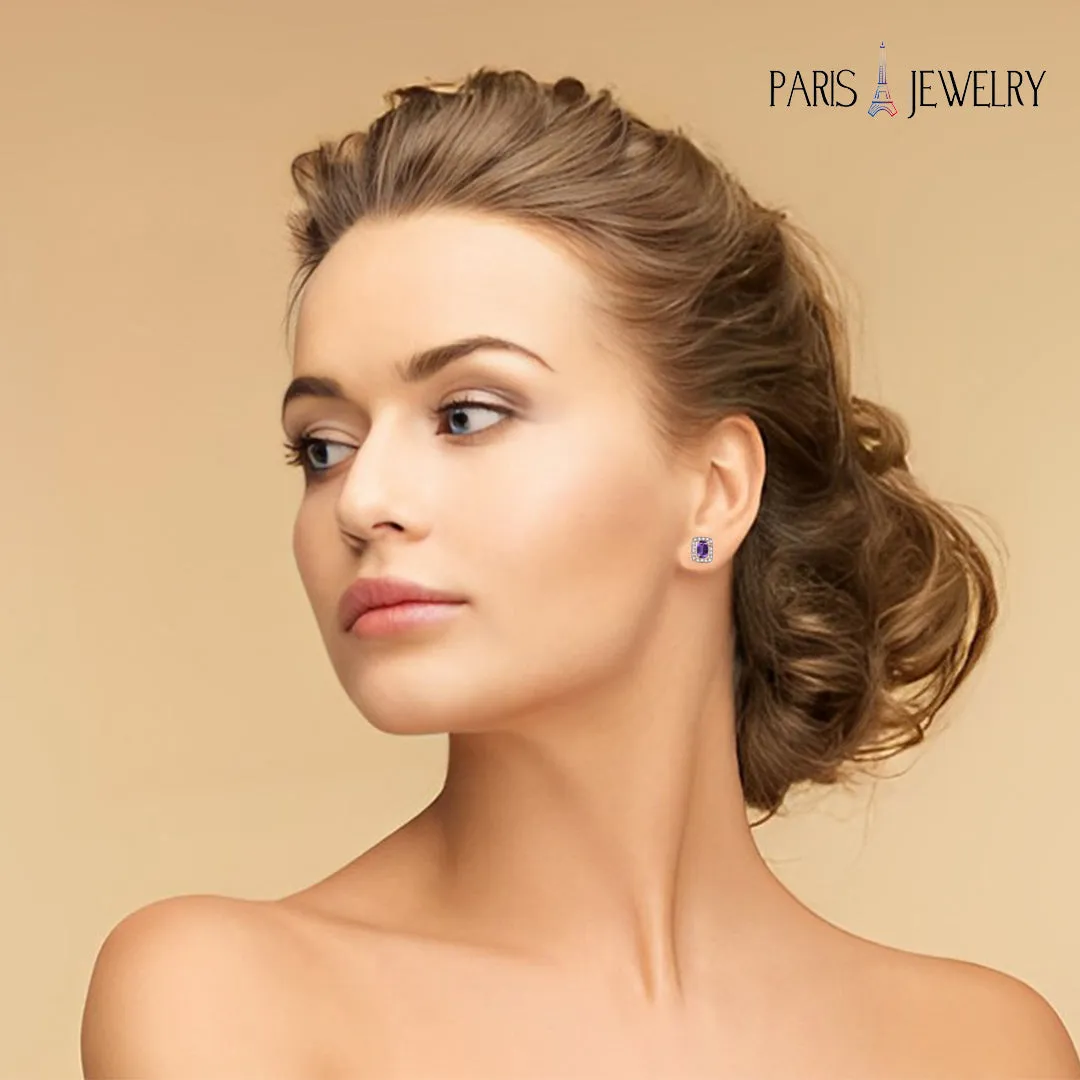 18K Rose Gold Created Amethyst Princess Halo Pendant Necklace, Earrings and Tennis Bracelet Jewelry Set Plated