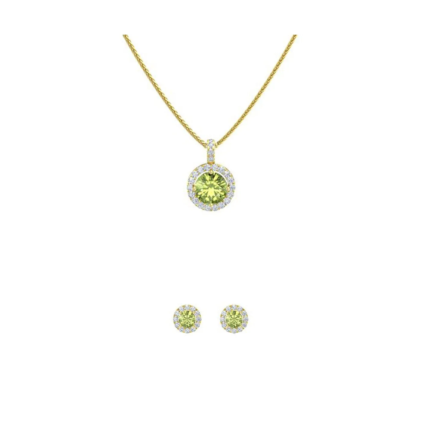 18K Yellow Gold 3ct Halo Peridot Round 18 Inch Necklace and Halo Earrings Set Plated