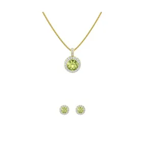 18K Yellow Gold 3ct Halo Peridot Round 18 Inch Necklace and Halo Earrings Set Plated