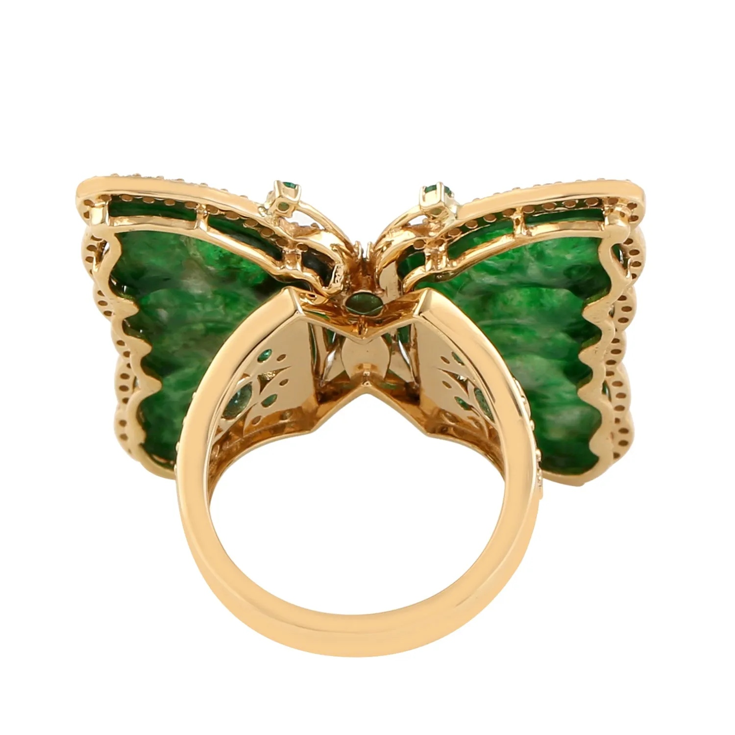 18k Yellow Gold Carved Jade Pave Diamond Butterfly Cocktail Ring Handmade Jewelry