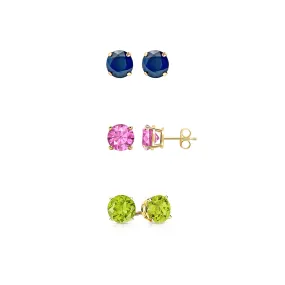 18k Yellow Gold Plated 3Ct Created Blue Sapphire, Pink Sapphire and Peridot 3 Pair Round Stud Earrings