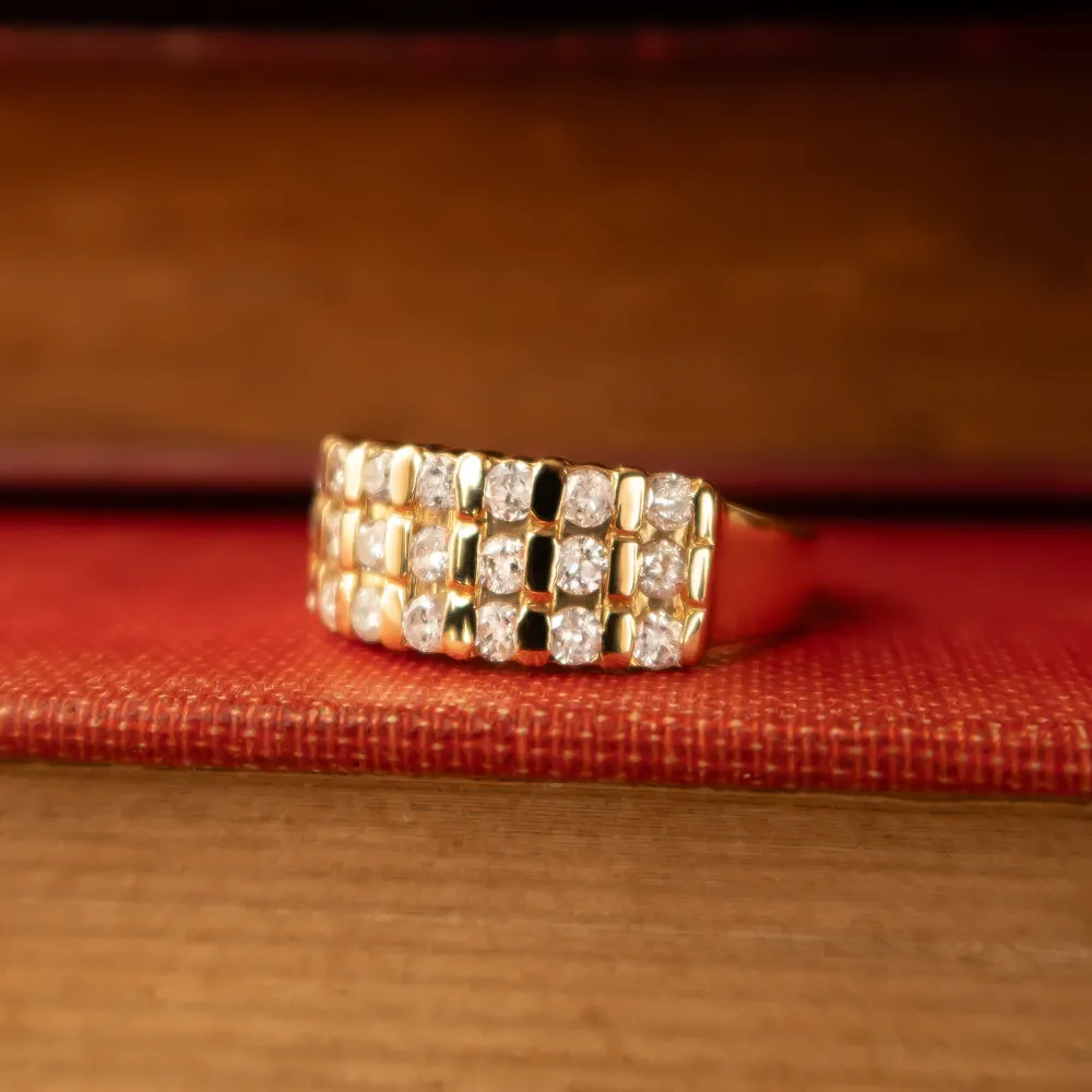 1ct NATURAL DIAMOND 14k YELLOW GOLD RING 3 ROW COCKTAIL BAND CLASSIC ANNIVERSARY