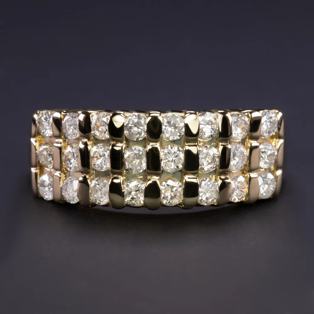 1ct NATURAL DIAMOND 14k YELLOW GOLD RING 3 ROW COCKTAIL BAND CLASSIC ANNIVERSARY