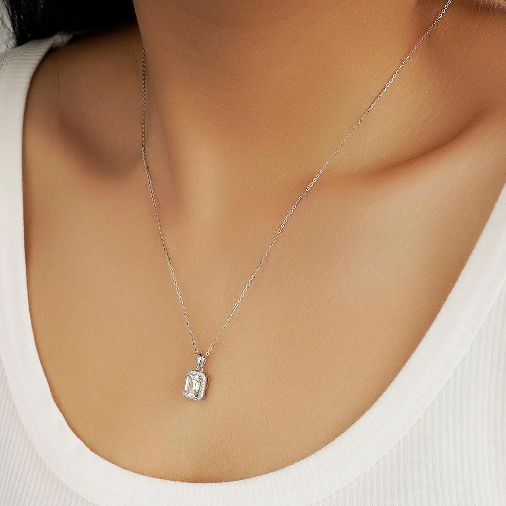 2 CT. Halo Emerald cut Pendant Diamond Necklace