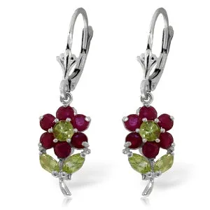 2.12 Carat 14K Solid White Gold Flowers Earrings Ruby Peridot