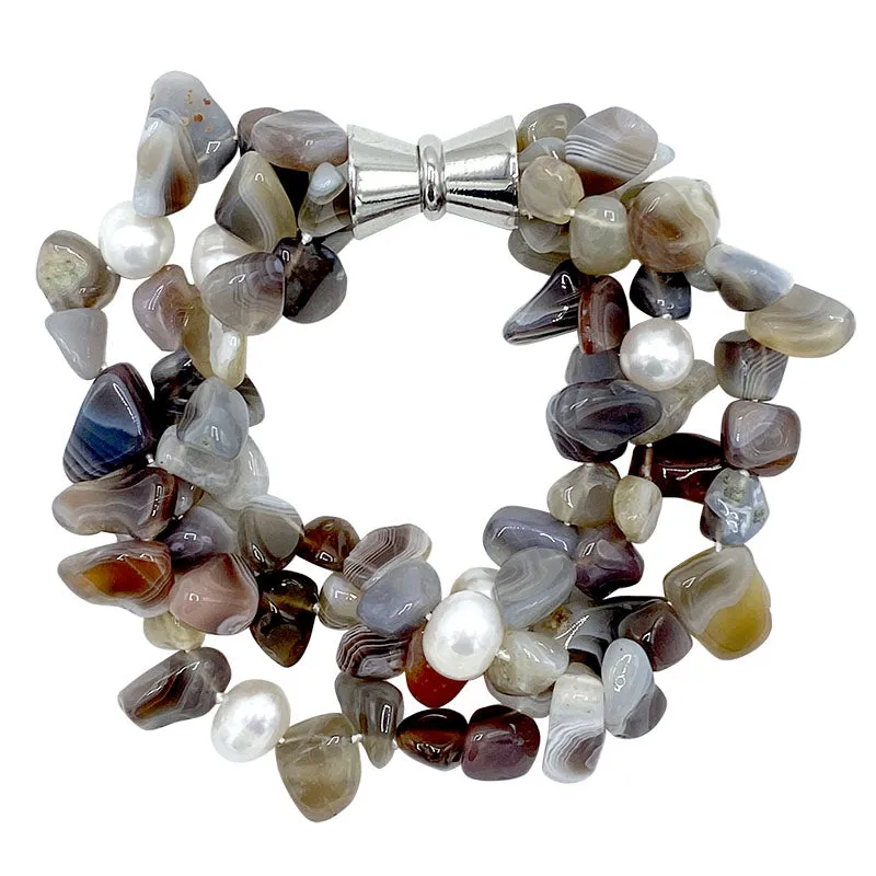 224-09 | BROWN AGATE & PEARL TRIPLE STRAND BRACELET